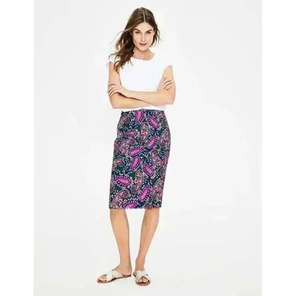 Boden Modern Pencil Skirt‎ Navy Pink Paisley Cotton Stretch Lined Petite 10P NWT